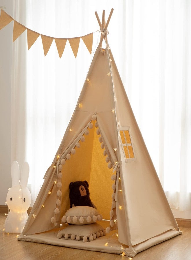 Rongfa Teepee for Kids Tent Indoor with Floor Mat,Carry Bag,Banner,Play Cottage with Star Light, Cotton Canvas Kids Teepee Tent for Girls & Boys, Pompom Ball Design, Foldable Teepee Tent - Image 1